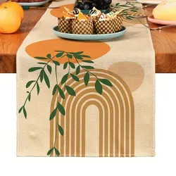 Bohemian Linen Table Runner - Elegant Plant Design for Holiday and Dining Décor (Pattern 1)