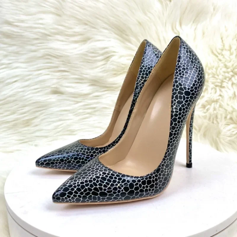 

Geometry Pattern Print Women Black Patent Pointy Toe High Heel Celebrity Party Shoes Sexy Slip On Stiletto Pumps