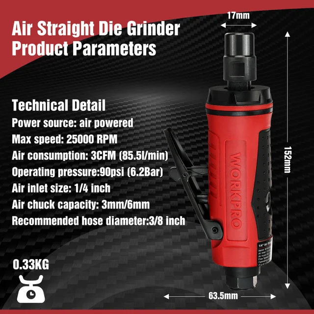 WORKPRO Smerigliatrice Pneumatica Diritta - 25000 Giri/min, Colletto 3mm E 6mm, Per Legno E Metallo - Foto 7