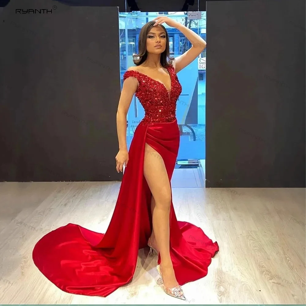 

Red Sequined Evening Dresses Mermaid V-Neck High Split Women Formal Prom Gown Night Party Wedding Guest Charming Robe De Soiree