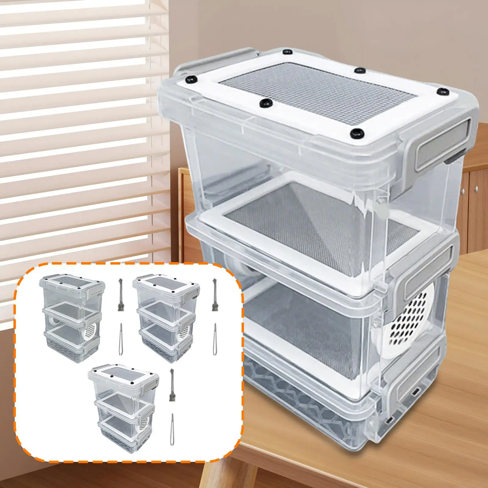 Mini Crickets Feeding Box Plastic Stainless Steel Breeding Case Animal Habitat for Mealworms Roaches and 