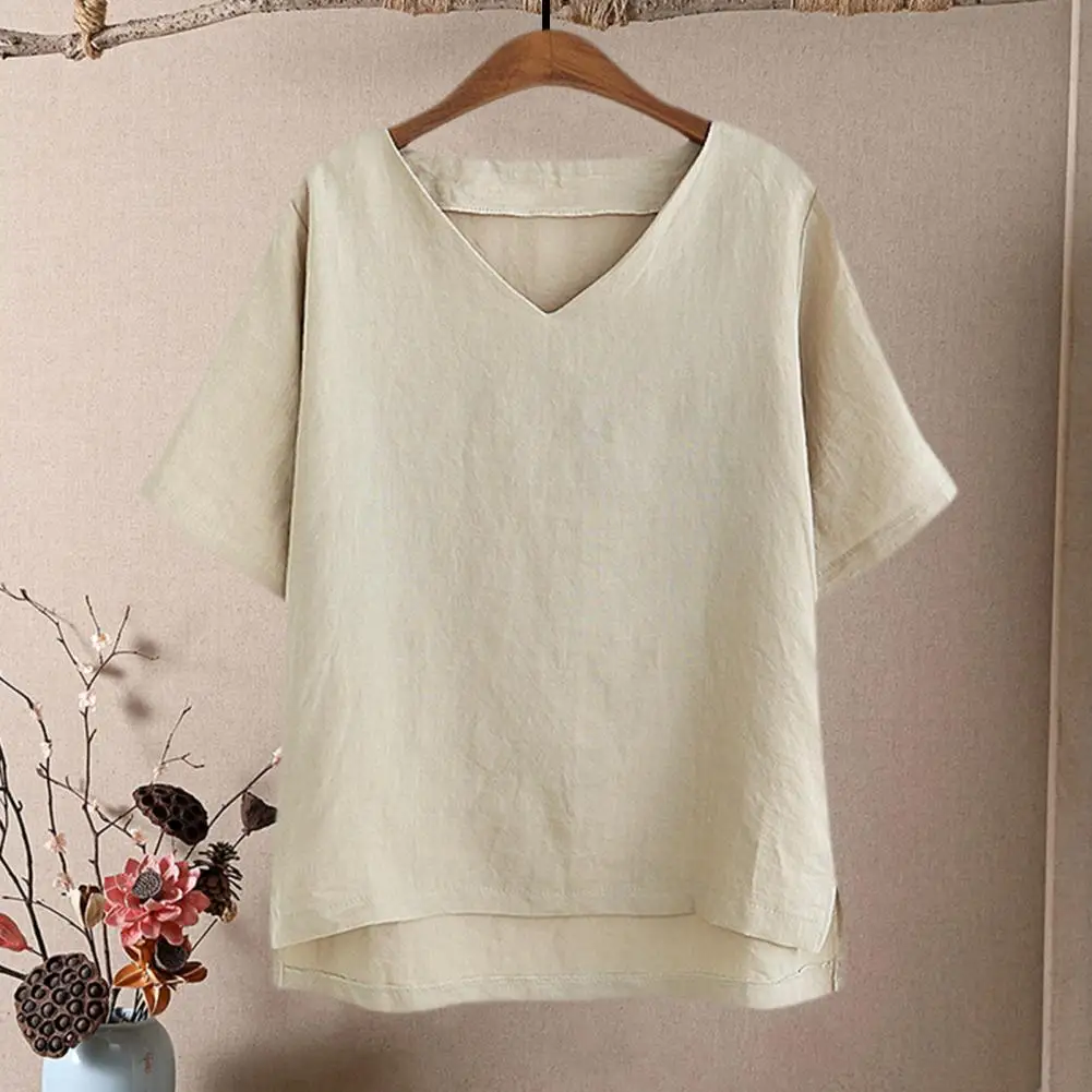 

V-Neck Short Sleeve Tee Shirt Summer Casual T-shirt Solid Color Loose Fit Side Slit Hem T-shirt Women Tee Tops Футболка