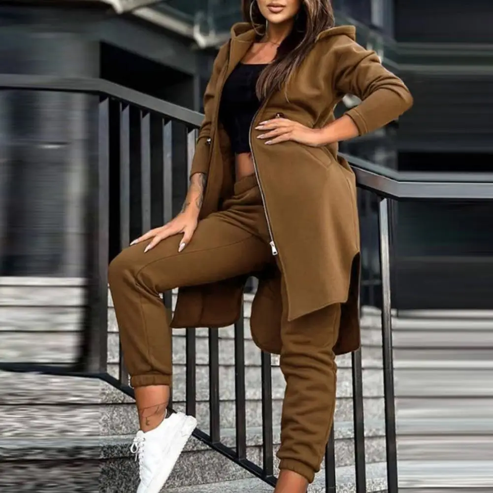 

Women's Sweatpants Sets 2023 New Autumn/winter Fashion Zipper Design Longline Hooded Coat & Casual Cuffed Pants Two Piece Suit