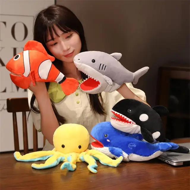 Cute Ocean Series Plush Hand Puppet Cute Animal Chameleon Crocodile Shark Blue Whale Clownfish Plush Soothe Baby Toys Boy 1