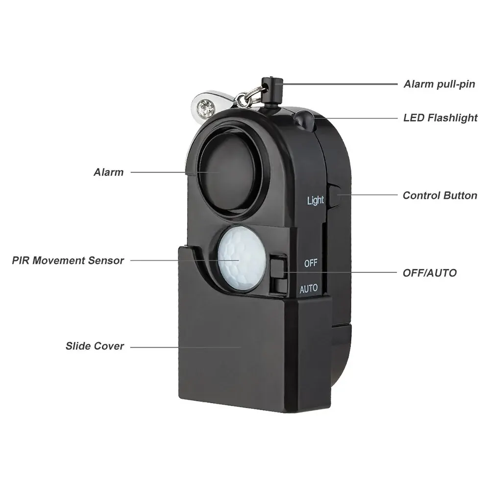 Compact Motion Detector Alarm with 120DB Siren and LED Light for Personal and Home Security