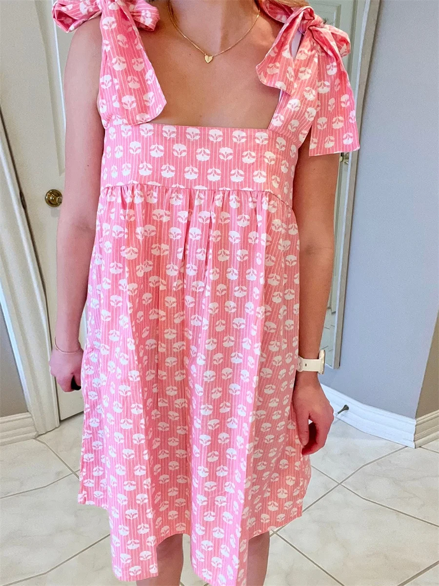 Women s Casual Sleeveless Leaf Print Mini Dress with Tie-Shoulder Detail and Loose A-Line Fit for Stylish Lounge Wear