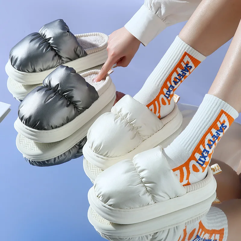 Toast Winter Women Slippers Bread Shoes Outside Indoor Home Shoes Men PU Warm Plush Dual Purpose EVA Thick Sole Non-slip