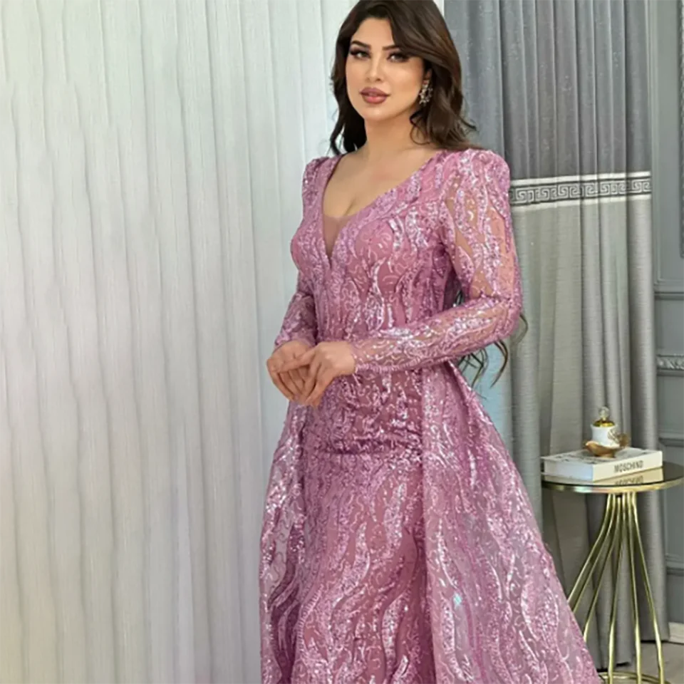 Maßgeschneidertes Luxus-Paillettenkleid mit V-Ausschnitt Meerjungfrau-Abendkleid 2026 Langarm Abnehmbarer Schlepp Tüll-Brautkleid – Detail 4