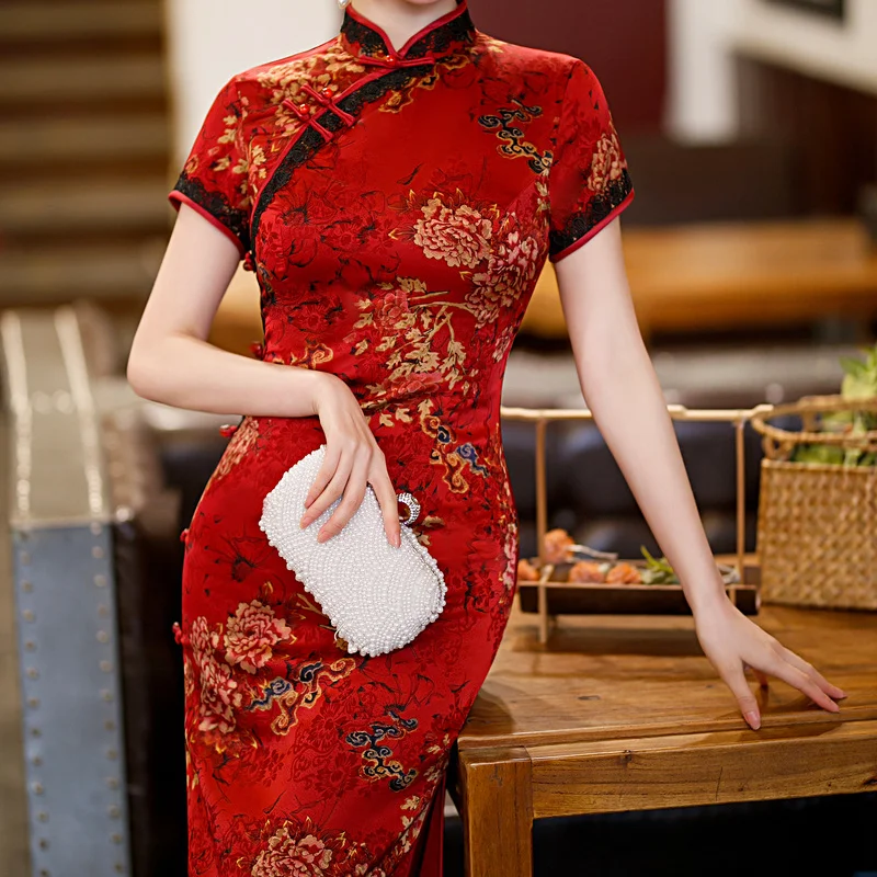 Long Lace Patchwork Chinese Traditional Dress Print Floral Slim Cheongsam Daily Show Party Gown Women Qipao Vintage Vestidos