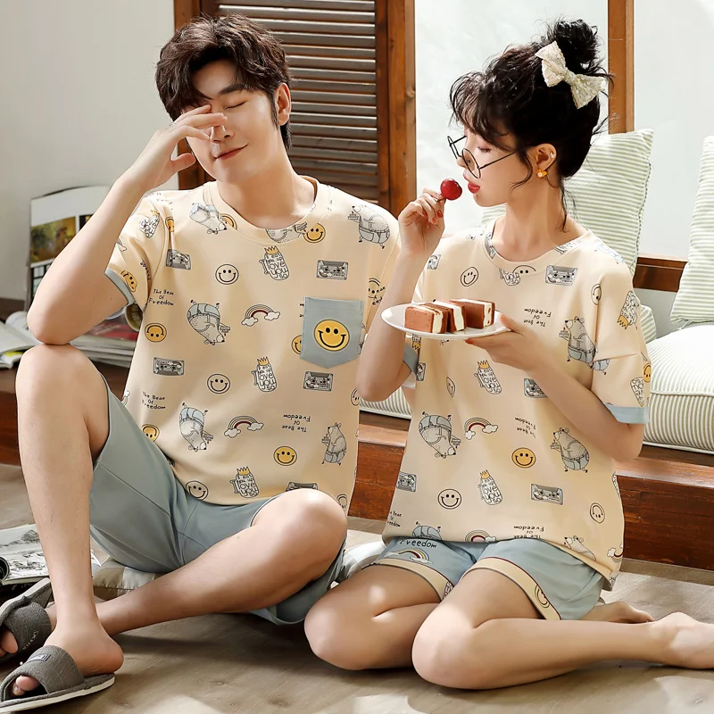 Cotton Cartoon Cute Sleepwear For Couples Summer Women Short Pajamas Set Men Nightwear Plus Size 3XL Pjs Loungewear Freeship