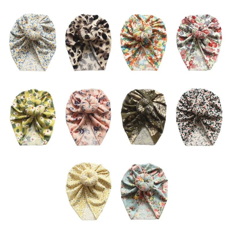 

Newborn Baby Toddler Turban Hat Knotted Bow Infant Beanie Vintage Floral Leopard Print Kids Bonnet Headwrap