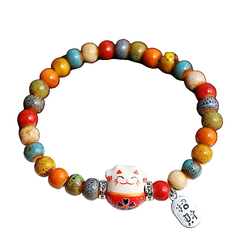 Cute Lucky Cat Bracelet For Women Girls Adjustable Colorful Beaded Bracelets Chinese Style Ceramics Cat Pendant Bracelet Jewelry 5