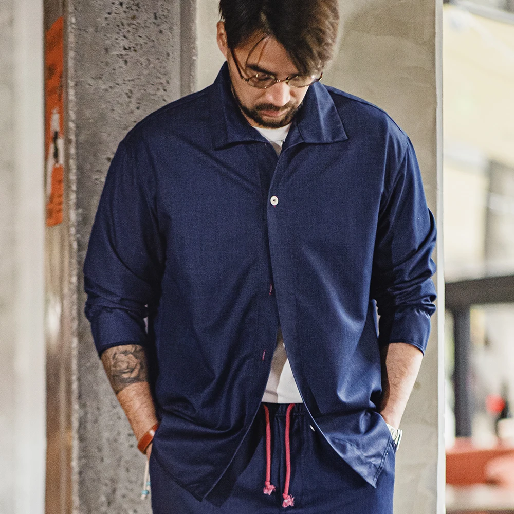 Maden Denim Blue Shirt Men Loose Turn-down Collar Solid Color Long-sleeved Shirt Mens Spring Coat Loose Comfortable Clothes