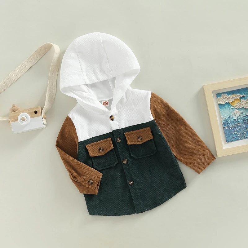 FOCUSNORM 1-6Y Fashion Autumn Casual Kids Boys Jacket 2 Colors Patchwork Long Sleeve Hooded Single Breasted Coats