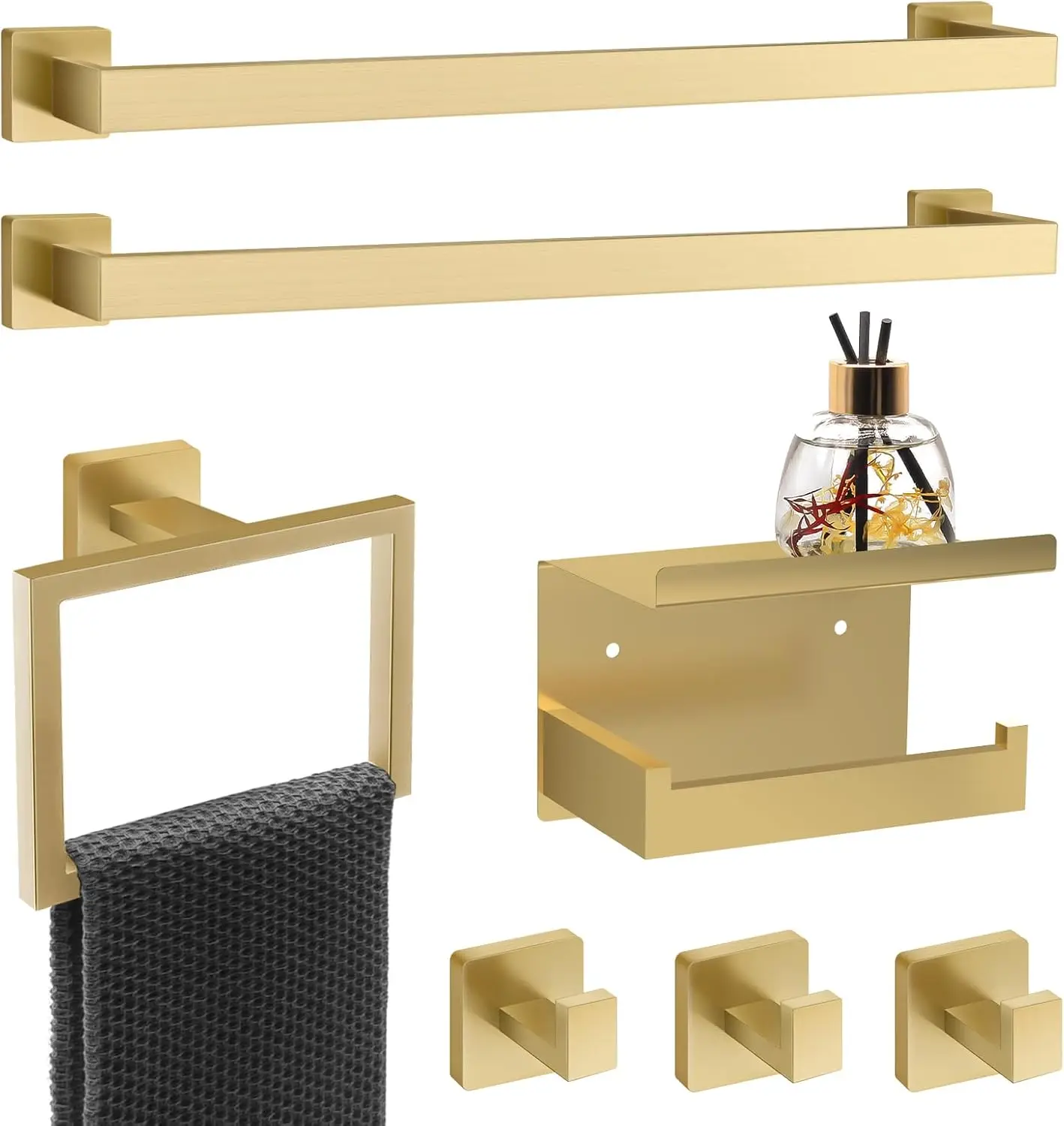 7 Piece Gold Bathroom Hardware Set with Brushed Gold Bathroom Accessories-Square 2 Towel Bars Towel Rack Stainless Steel