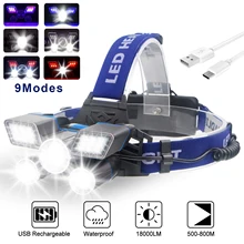 

600000Lumens 500M Long Range Led Headlamp 9Modes Glare USB Charging Headlights with red and blue Warning Light 18650 Headlamp