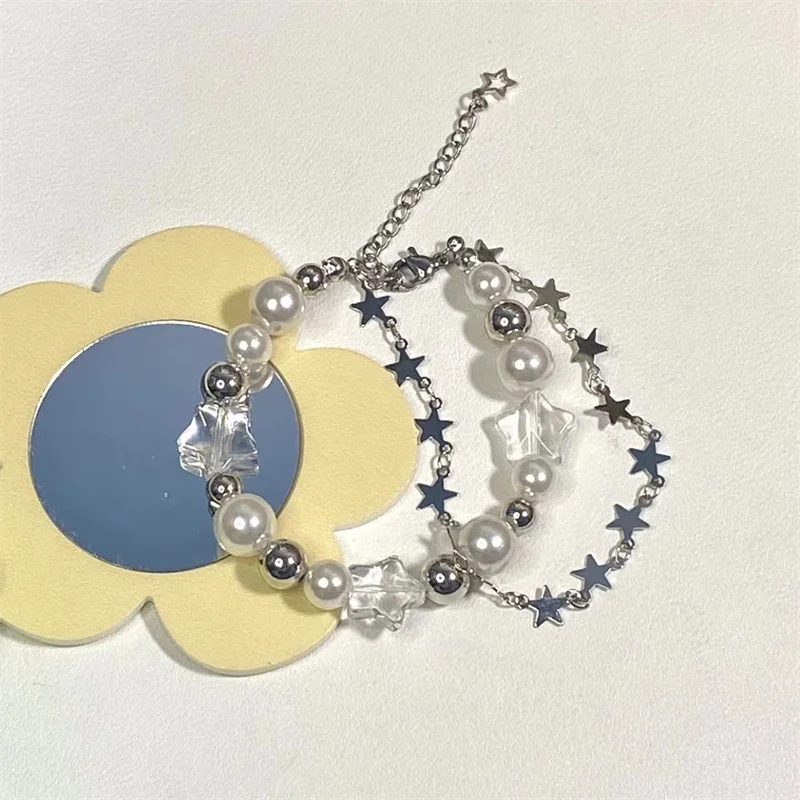 Double-Layer Y2k Bracelets for Women Girls Vintage Beaded Pearl Stars  Dainty Bracelet Y2k Aesthetic Punk Grunge Accessories Jewelry