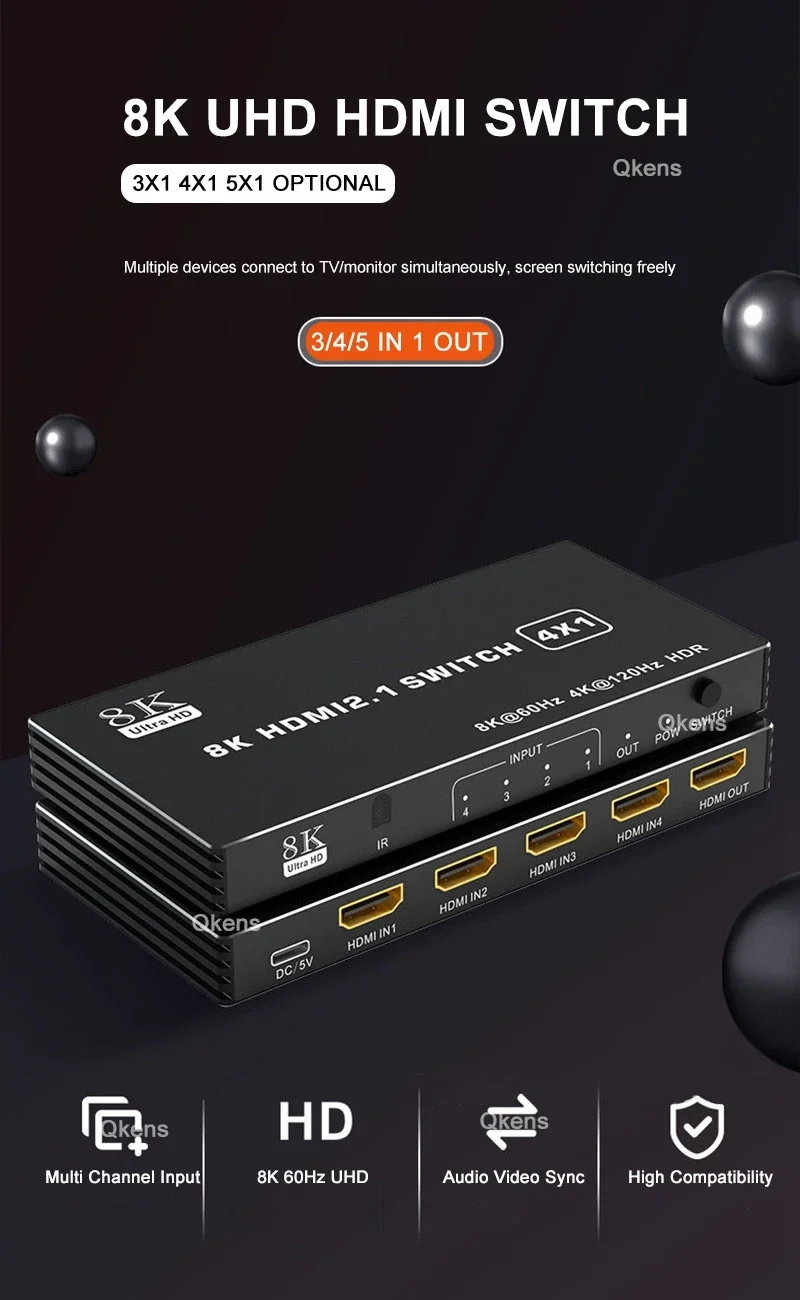 8K 60Hz HDMI 2.1 Switch 4x1 3x1 5x1 HDMI Switcher Video Converter 4K 120Hz 3 4 5