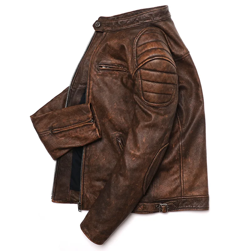 Vintage Camel Yellow Genuine Leather Men Motorcycle Biker Jacket Real Natural Cowhide Mens Slim Calf Skin Coat men leather jacket