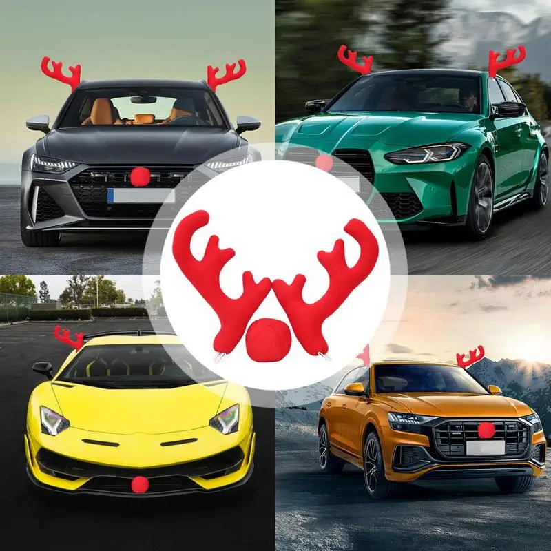 Car Vehicle Reindeer Antlers Red Nose Christmas Ornaments Kit Car Exterior For Auto Home Decor New Year Navidad Accessories