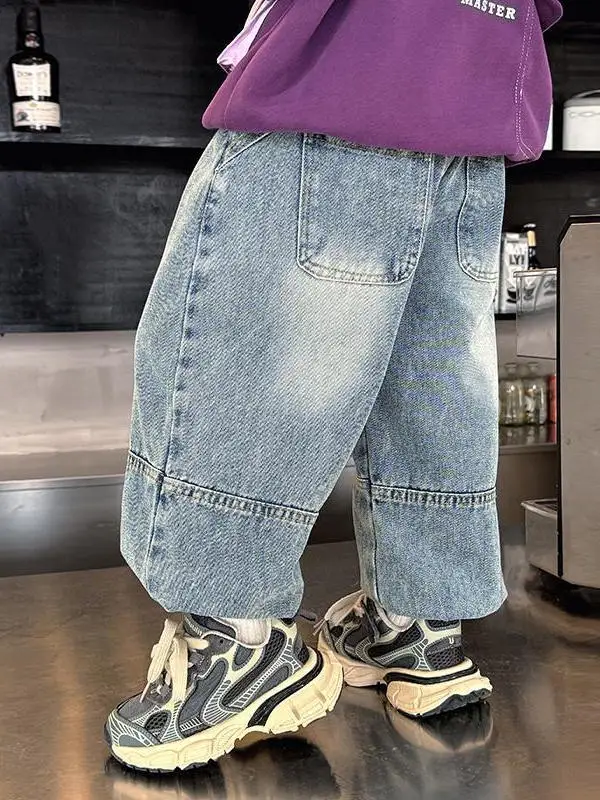 소년 봄 가을 데님 청바지 하이 웨이스트 와이드 레그 팬츠 신축성 있는 허리밴드 레트로 스타일 키즈 패셔너블 커프드 트라우저