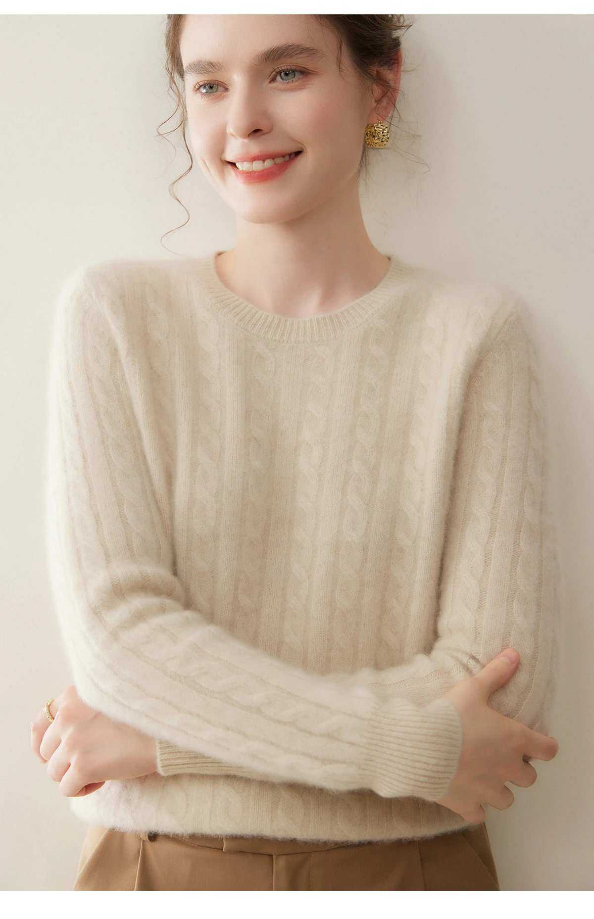 Cashmere Sweater Women Winter Knitted Solid Color Round Neck Pullover Warm Thickened Double Strand Autumn New Fried Dough Twists