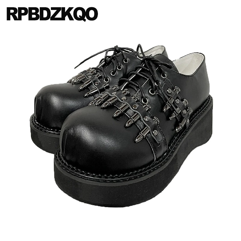 

Women Pumps Shoes Medium Heel Platform Punk Rock Wedges 33 Lace Up Real Leather Round Toe Metal Oxfords Cowhide Small Size Y2k