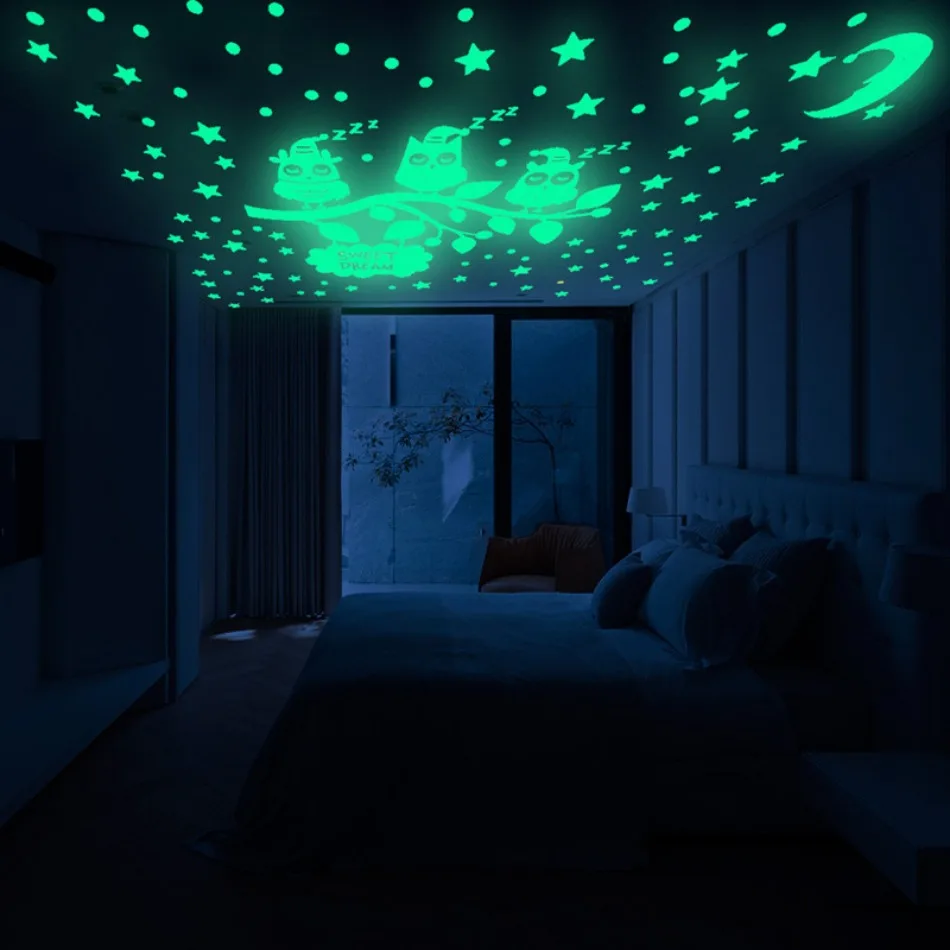 Glow in the Dark Owl Stickers-Fluorescent Star Dot Decals, Self-Adhesive Cartoon Wall Art for Kids Room Decor