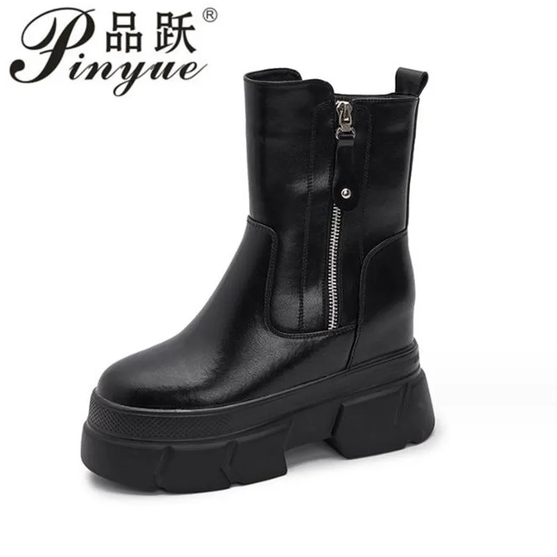 

10cm Cow Genuine Leather Spring Autumn Winter Plush Warm Platform Wedge Hidden Heel Sneakers Chunky Super High Heels Women Boots