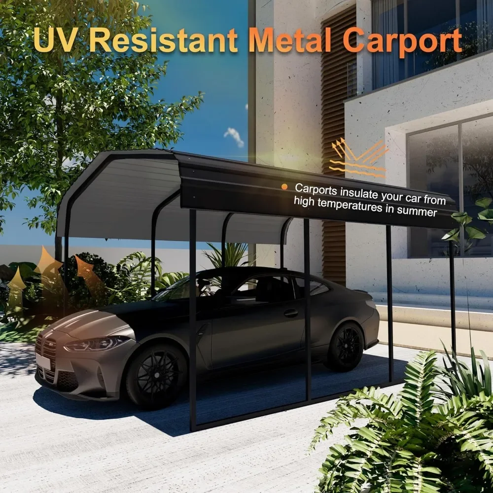 10 &times; 15 FT heavy-duty carport kit, metal garage carport roof with galvanized steel roof and frame, charcoal black
