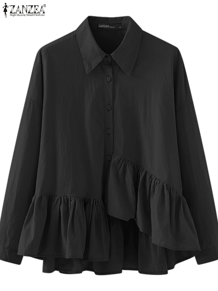 ZANZEA Buttons Cardigans Oversized Vintage Lapel Neck Shirt Women Irregular Hem Blouse 2024 Summer Office Chic Long Sleeve Tops
