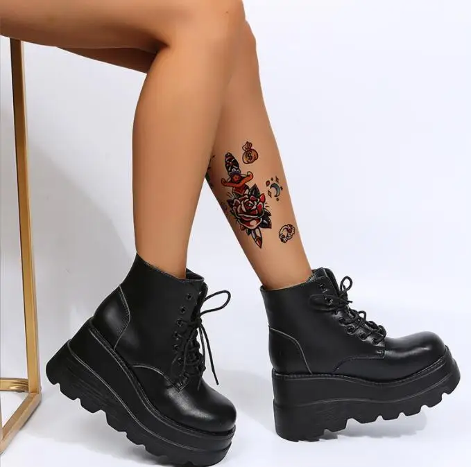 

Fashion Platform High Heels Ankle Boots Women Autumn Winter PU Wedges Shoes High Platform Wedge Casual Lace-Up Boots Large size