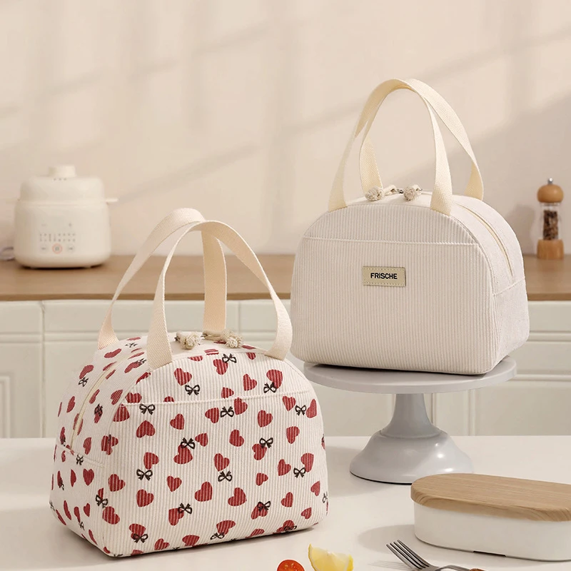 Cute Floral Corduroy Lunch Bag Thermal Insulation Bento Box Large Capacity Lunch Bag Handbag For Work School Picnic