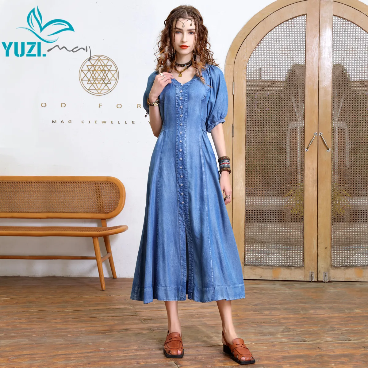 Summer Dress 2022 Yuzi.may Boho New Denim Women Dresses VNeck Lantern Sleeve Single Breasted