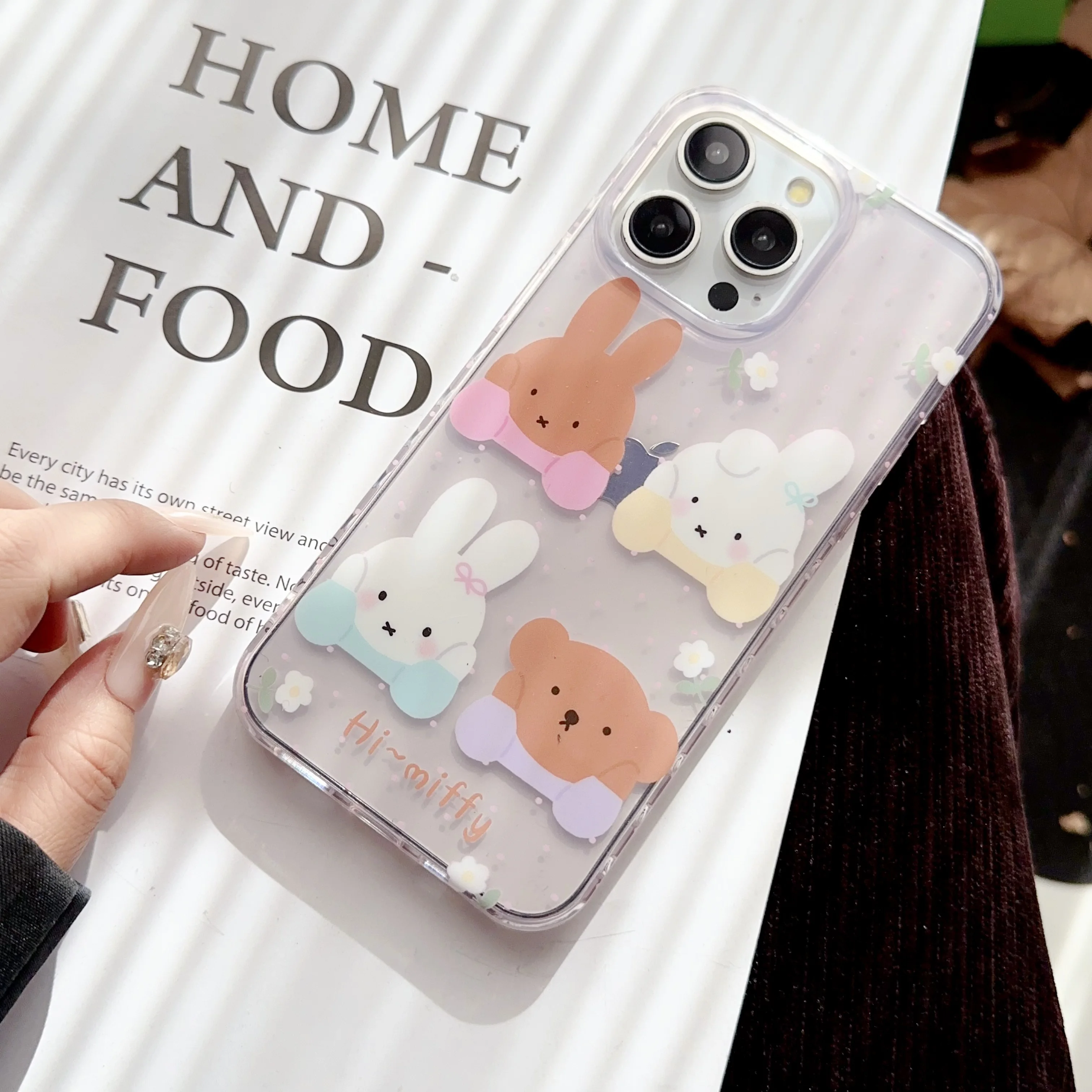 Korea Ins Cute Cartoon Animal Rabbit Bear Dots Transparent Phone Case for iPhone 16 15 14 13 Pro Max 12 Back Cover Funda