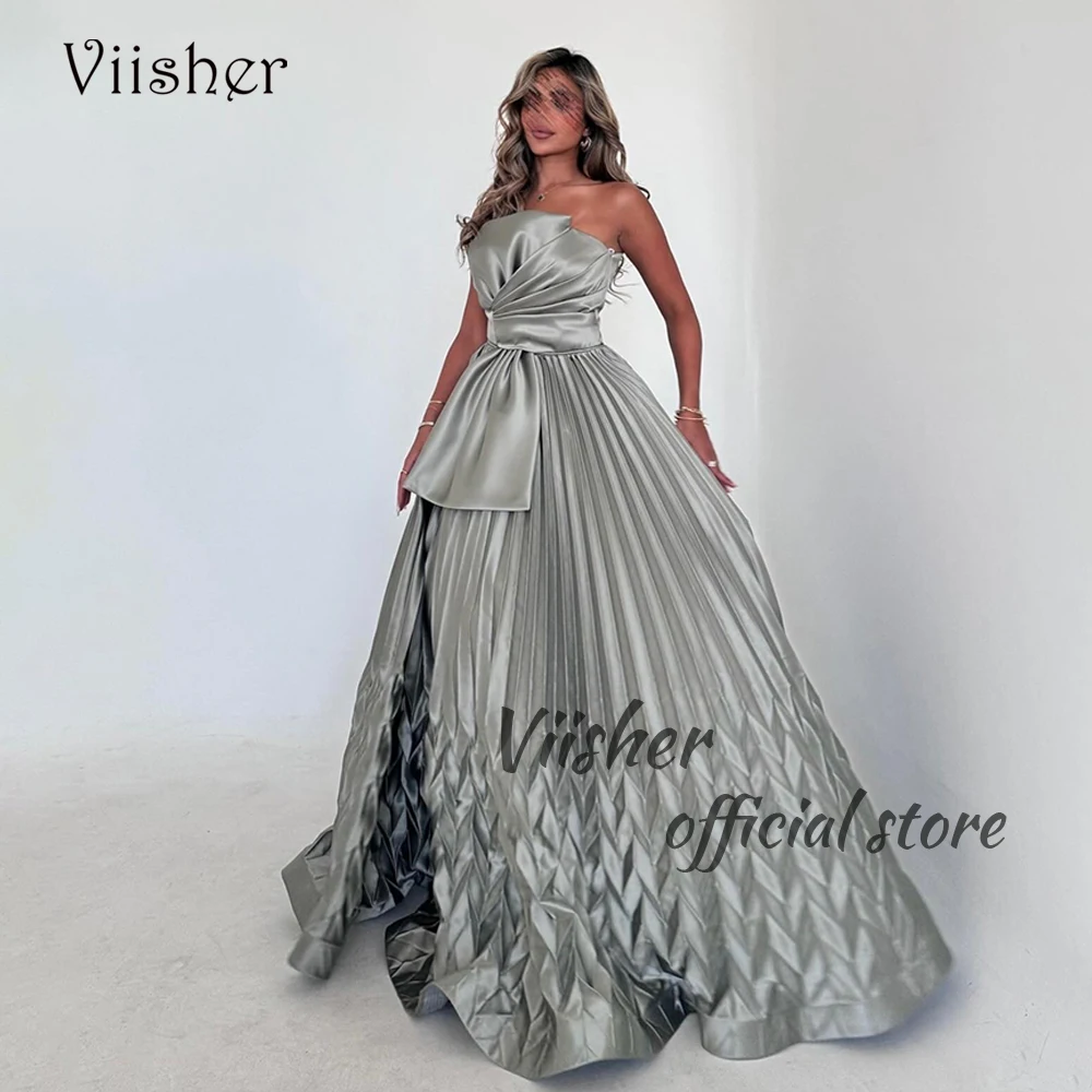 

Viisher Gray Evening Dresses for Women Pleats Satin Strapless A Line Prom Dress Arabian Dubai Formal Occasion Gowns Backless