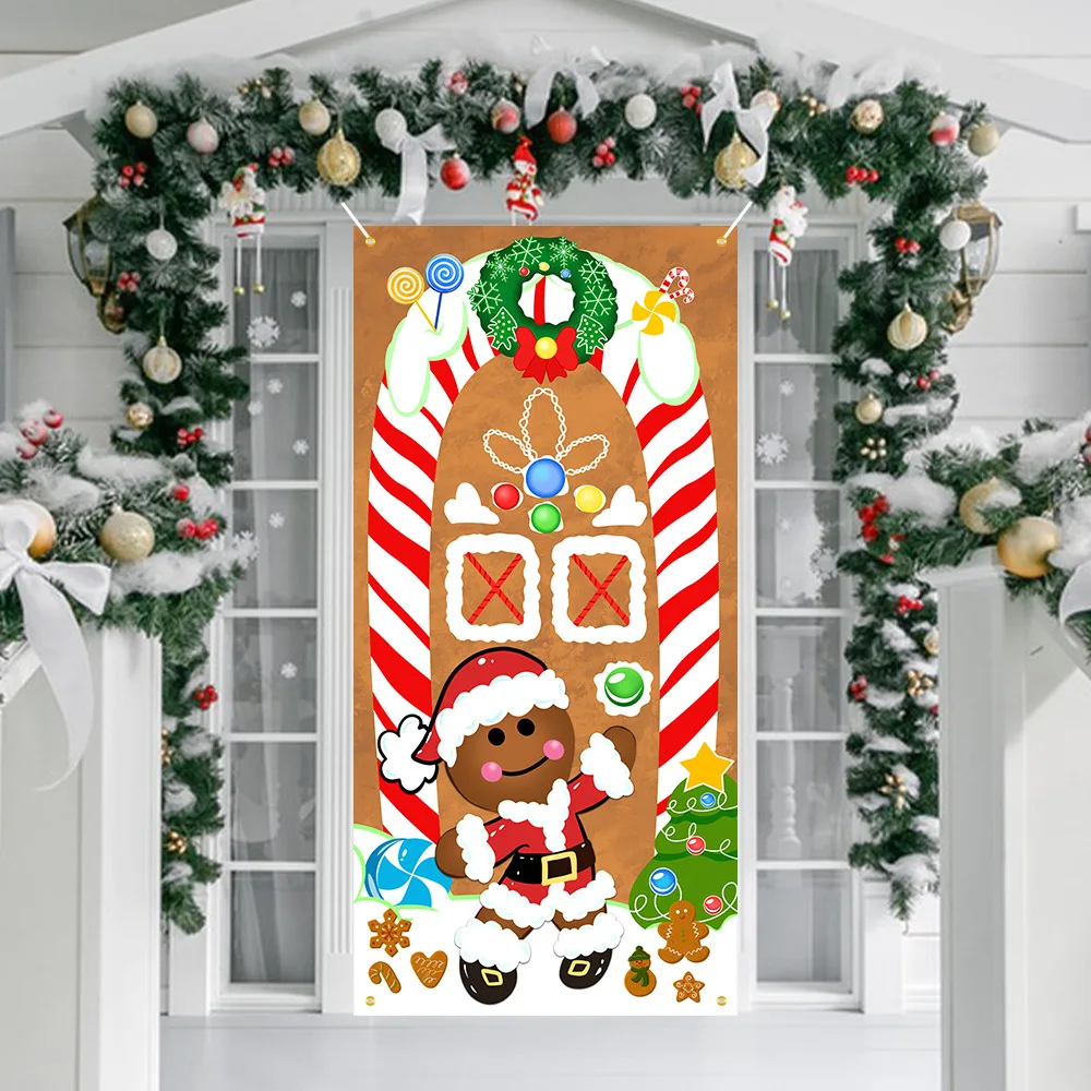 

Christmas Banner Flag Porch Door Hanging Decor Santa Claus Gingerbread Background Hanging Cloth Navidad New Year Decor 2024