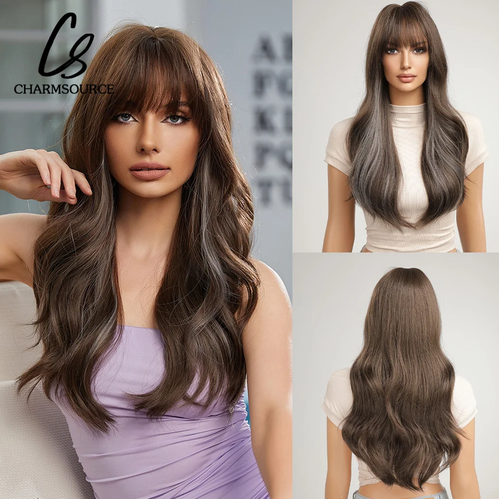 CharmSource Long Natural Wavy Synthetic Wigs with Bangs Mixed Brown With Grey Wig for Women Party Cosplay Heat Resistant Fibre