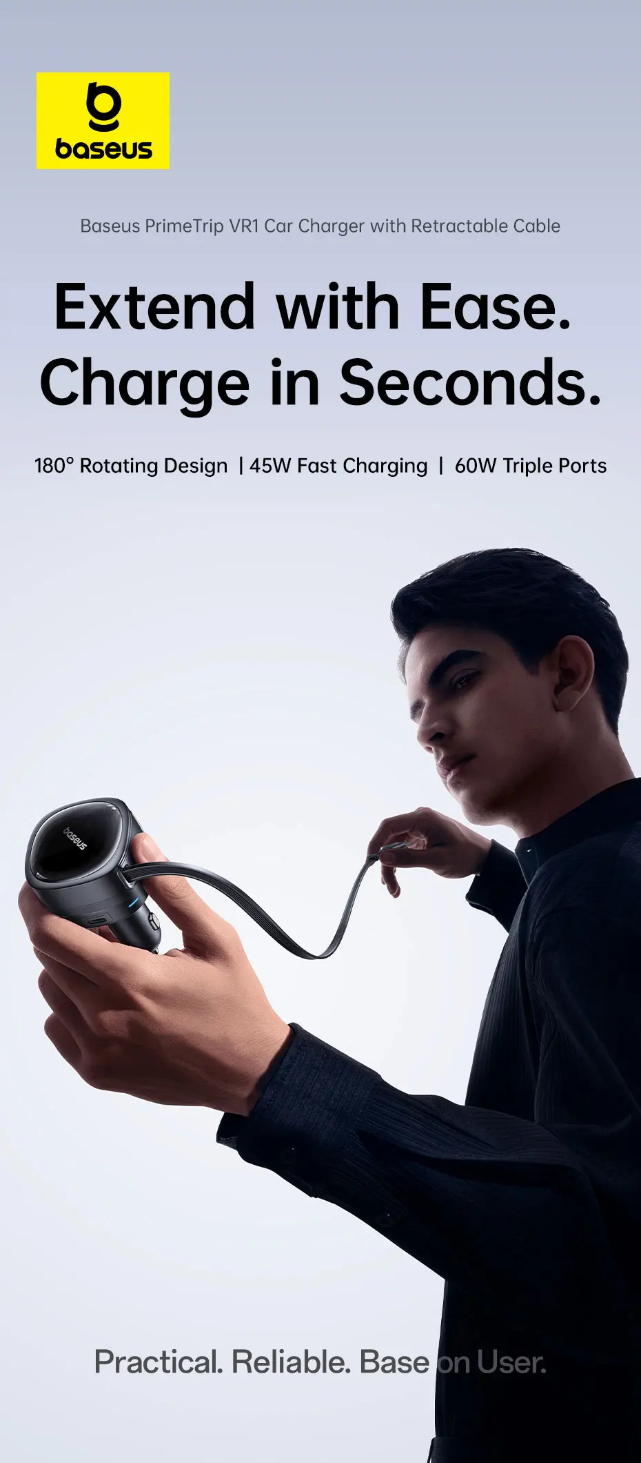 60W Car Charger 45W Retractable Cable 3 Ports Fast Charging 180° Rotating Car Ph