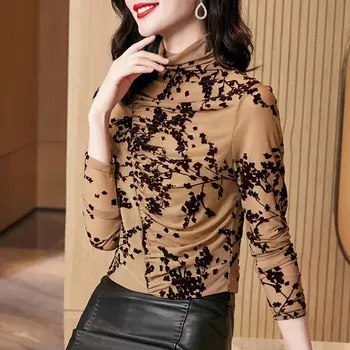 Fashion Turtleneck Gauze Folds Printed Blouse Women’s Clothing 2023 Autumn Winter New Casual Pullovers Office Lady Shirt