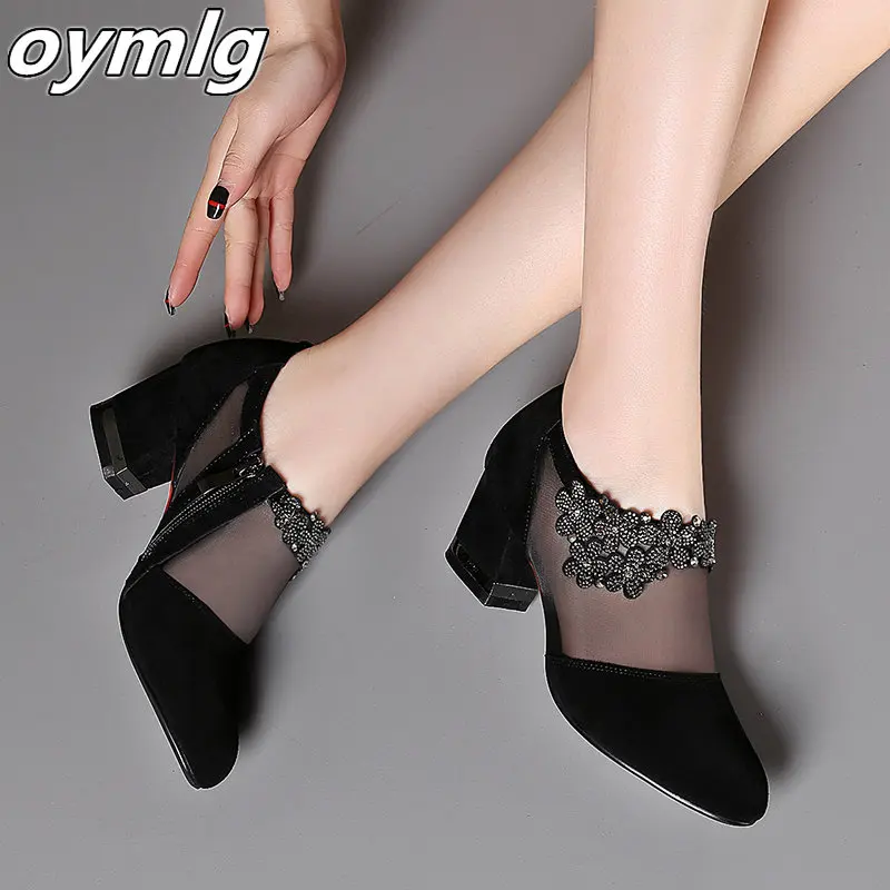 Summer Women High Heel Shoes Mesh Breathable Pumps Zip Pointed Toe Thick Heels Fashion Female Dress Shoes Elegant Footwear 5