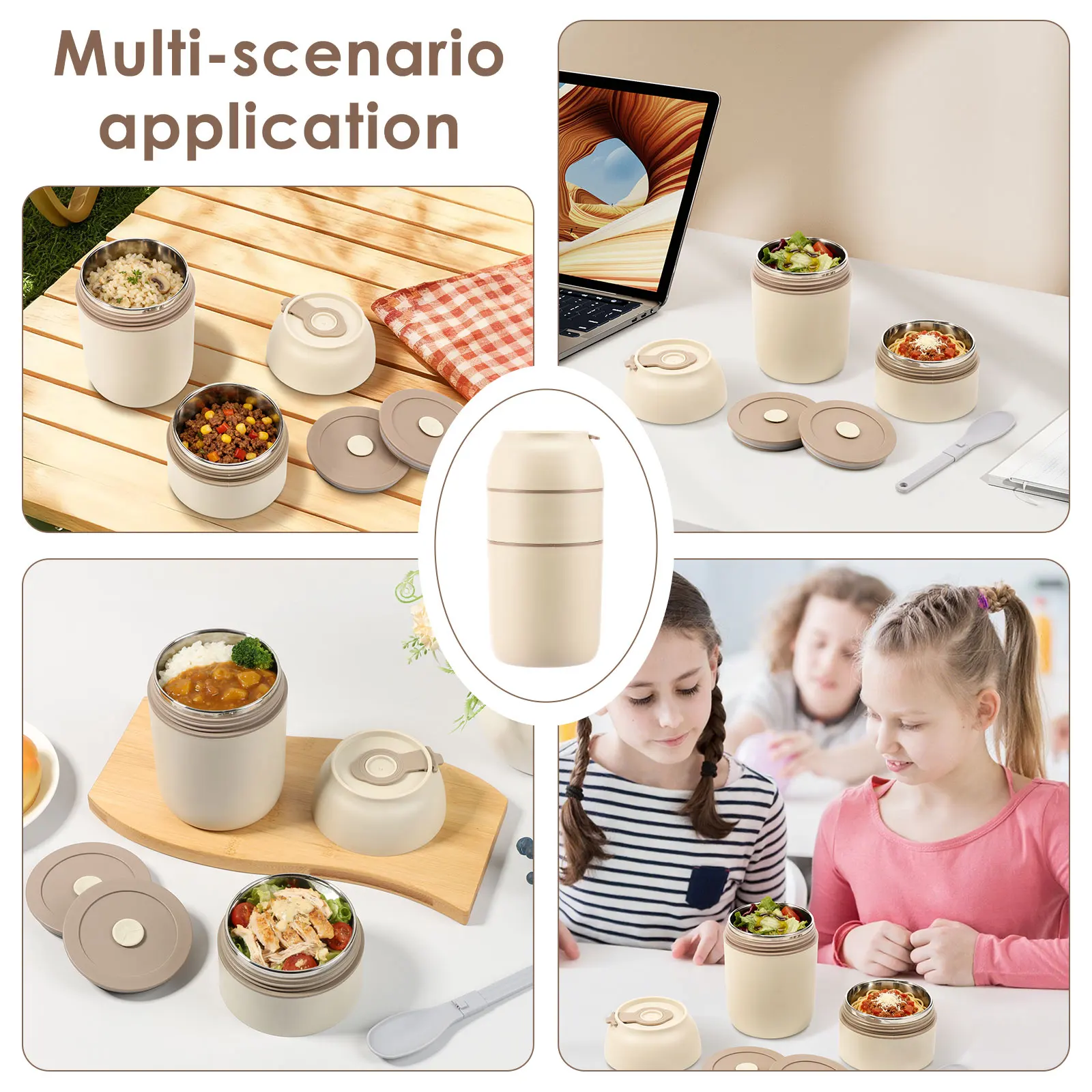 보온 도시락 용기 780ml 접이식 스테인리스 수저 세트 (어린이/성인용) 새지 않는 이중 챔버 시스템 도시락