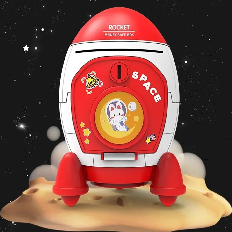 Simpatico salvadanaio per bambini con adesivo a tema cartoni animati, multiuso, a forma di razzo spaziale, scatola porta soldi, regalo per bambini, giocattolo in plastica_voghion.com