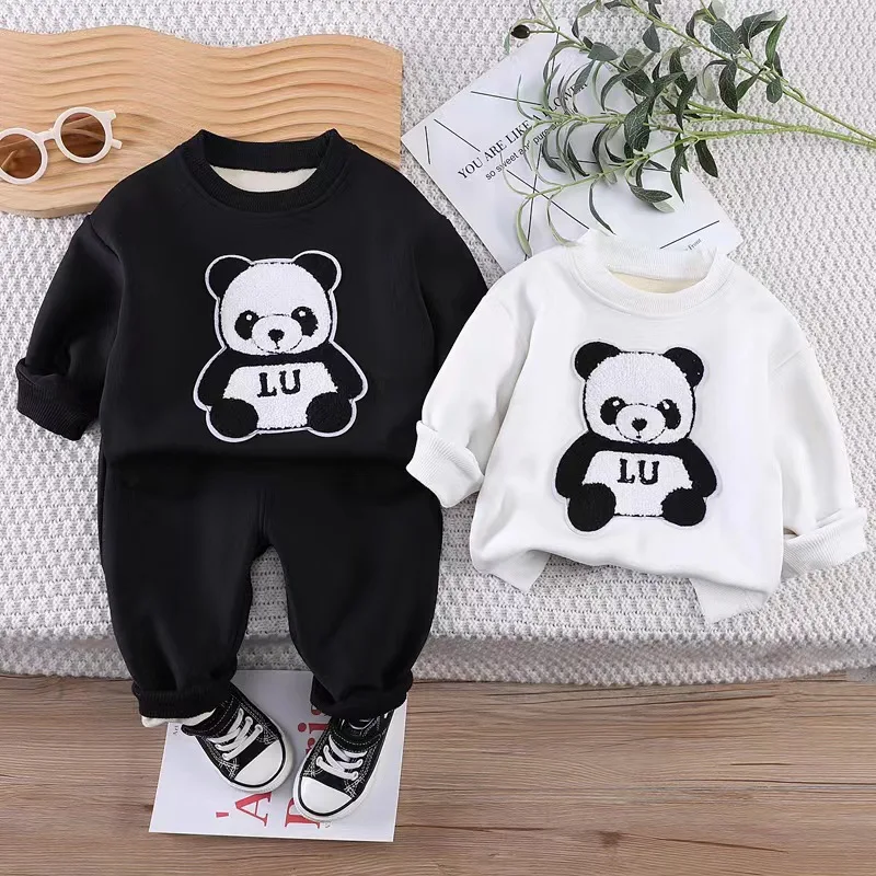 

Children's Autumn and Winter Cashmere Boys and Girls Round Panda Print Long Sleeve Top + Trousers Two-piece Set
