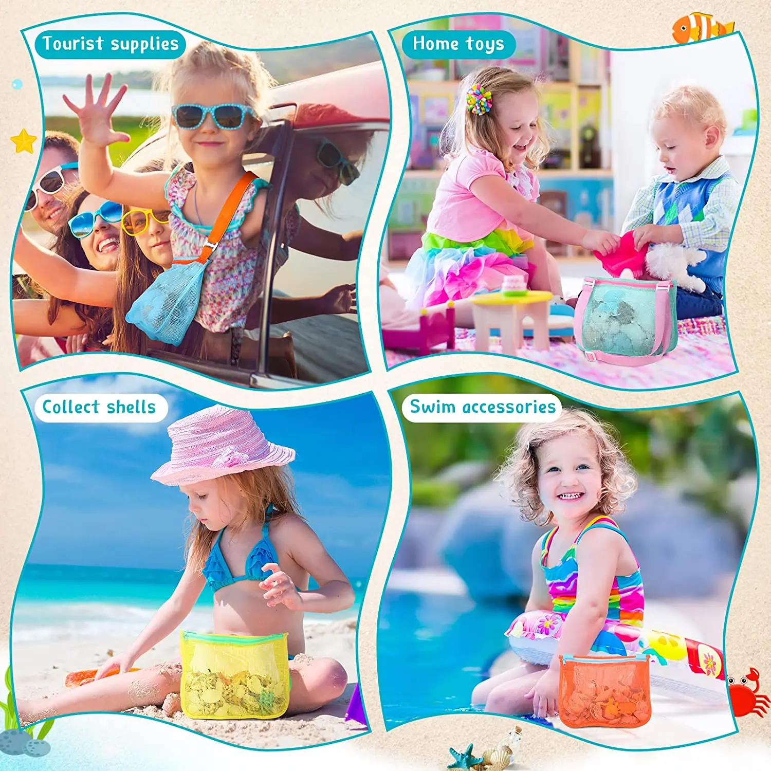 10 Pcs Beach Toys Mesh Beach Bag Kids Sand Toys Bags Travel Toys Shell Collecting Bag Seashell Bag Swimming Accessories for Kids 4