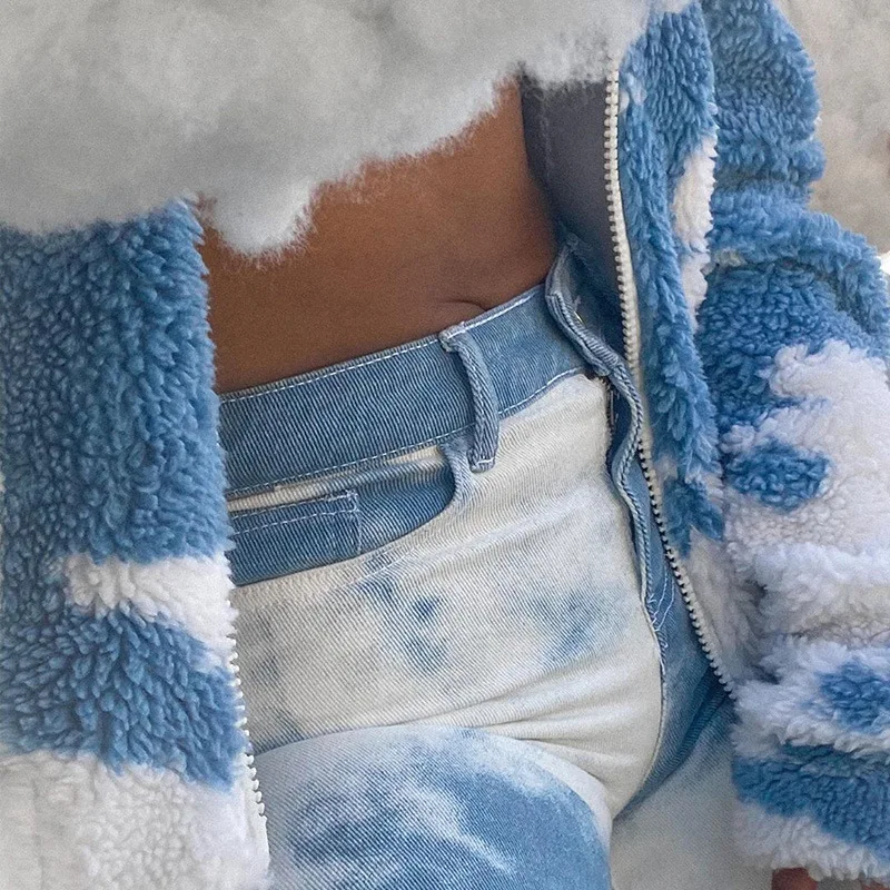Women Winter Streetwear Furry Fleece Warm Cardigan Women Overcoat Blue Sky and White Clouds Print Lamb Wool Coats Teddy Jackets