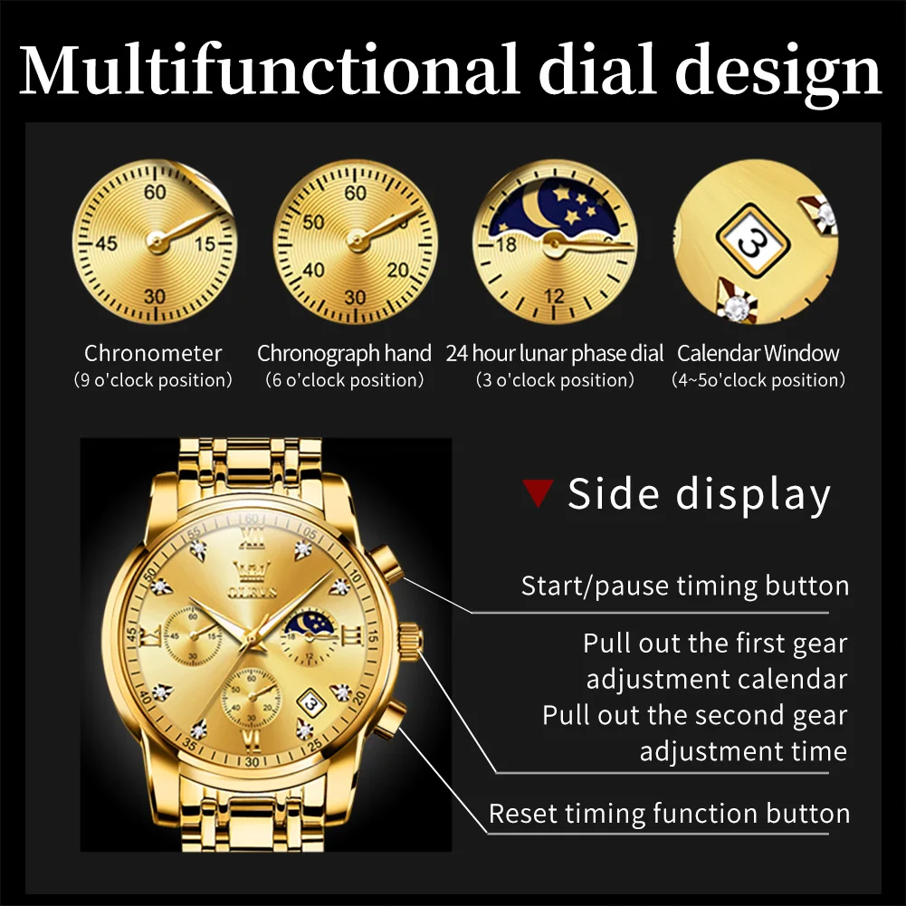 OLEVS Luxury Men's Quartz Chronograph Watch - Stainless Steel, Waterproof, Luminous, with Auto Date & Moon Phase