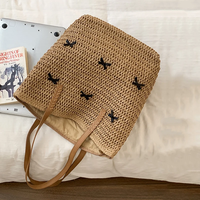 Women Top-Handle Bags Straw Black Bowknot Shoulder Bag Summer Beach Straw Bucket Bag Woven Tote Purse Casual Travel Handbags
