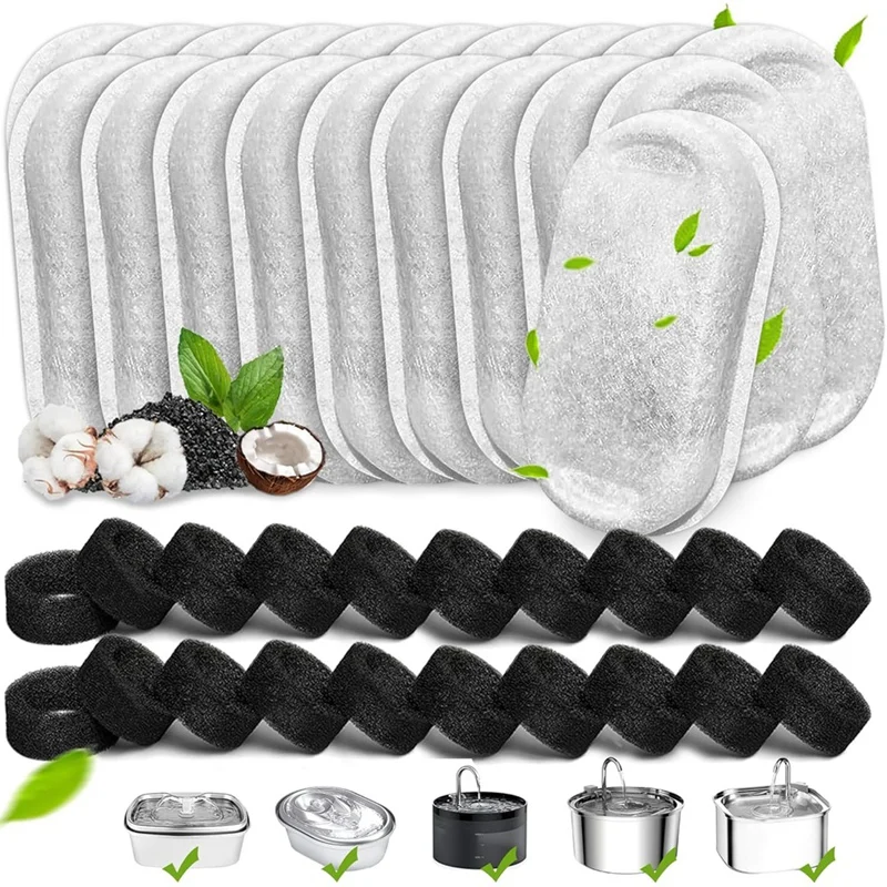 40PCS Cat Water Fountain Filters for 67Oz/2L And 108/3.2L Stainless Steel Pet Fountain Replacement Filters Sponges