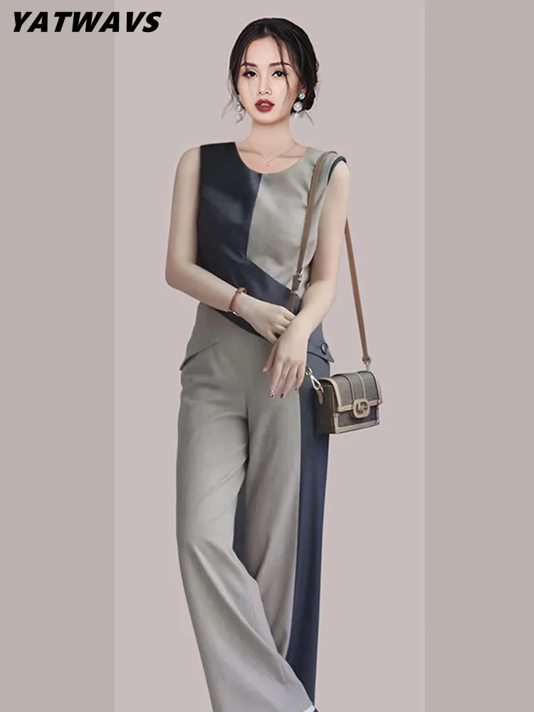 

Women's Summer Office Pants Suit High-End Designer Sleeveless Top+Chic Wide Leg Pants Ladies Vintage Hit Color 2 Two Piece Suit